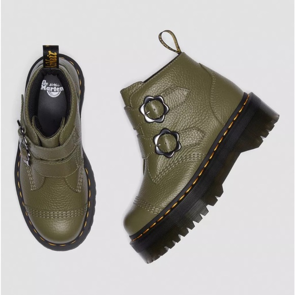 Dr. Martens Devon Flower Boots Leather Ankle Booties Platform Buckles - Picture 9 of 12